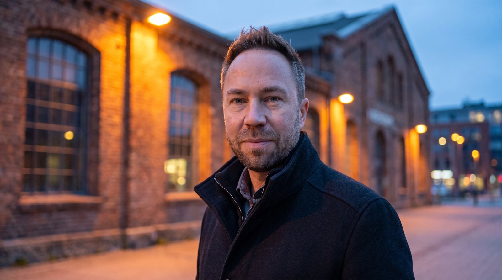 Sven Seele am Abend vor einem Backsteinbau